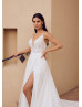 Beaded Ivory Lace Tulle Low Open Back Slit Wedding Dress